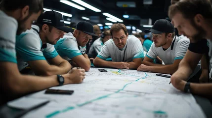  Strategic Planning. Team standing around map, deep in strategy mode, working on the race plan that will lead them to victory on the track. © master1305