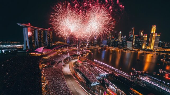 Breathtaking night scene of t Formula 1 race start in Singapore, with sleek racing cars speeding through the city vibrant skyline