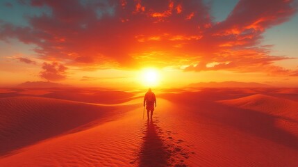 A lone figure walks towards a vibrant sunset in a desert landscape.