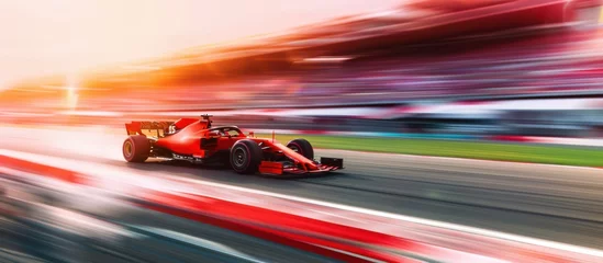 Rolgordijnen zonder boren Formula 1 red race car in motion, riding fast on track, leaving blur of lights symbolizing high speed. © master1305