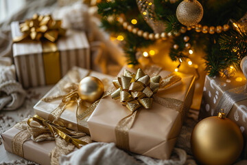 Christmas gift box, food decor and fir tree branch on wooden table and bokeh garlands. Top view with copy space