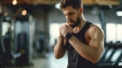 Fototapeta premium A young man with a beard is wearing a black tank top and checking his smartwatch.&nbsp;He is standing in a gym,&nbsp;with exercise equipment blurred in the background,&nbsp;copy space