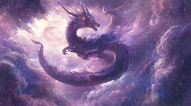 a huge legendary dragon flying among the clouds. Virtual 4K video animation background with looping time lapse with very smooth graphics.