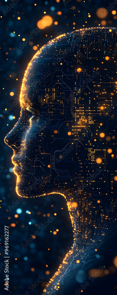 Poster a futuristic profile of a human figure with abstract digital lights representing artificial intellig