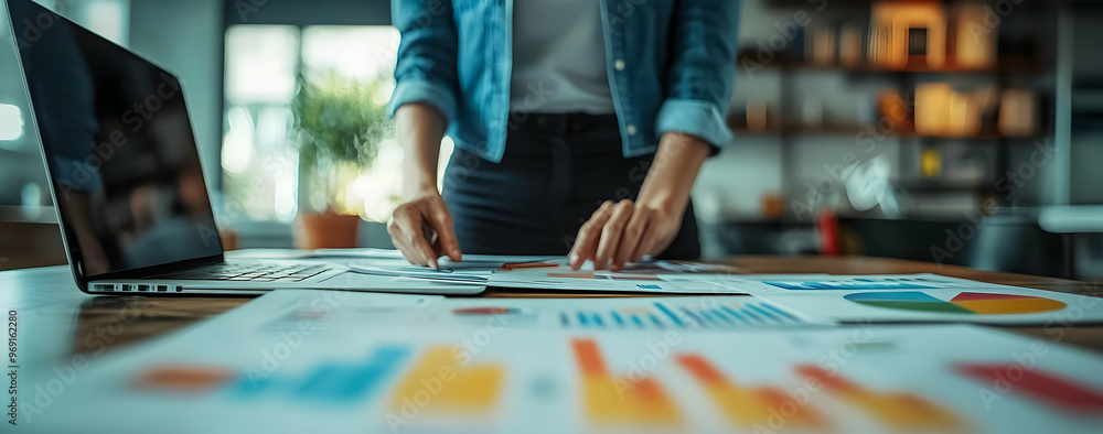 Aufkleber a professional analyzing business reports and charts on a modern workspace with a laptop and colorfu