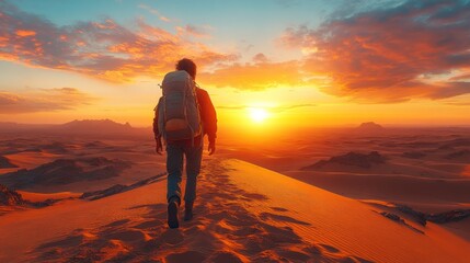 Fototapeta premium A hiker walks towards a vibrant sunset over desert dunes.