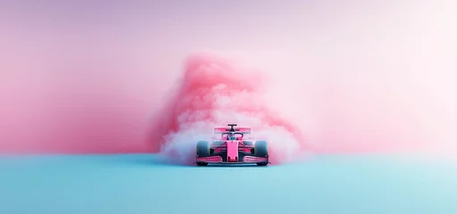 Rolgordijnen zonder boren Sleek pink Formula 1 car leaving trail of pink smoke against pastel backdrop, creating vibrant and futuristic racing scene. © master1305