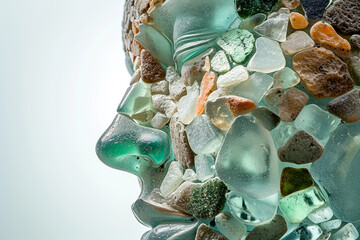 A photograph of a fragment of a glass sculpture depicting a human face. The sculpture is assembled...