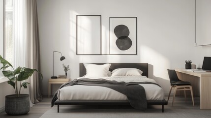 A minimalist bedroom showcasing a monochromatic color scheme, featuring a sleek bed frame, minimal artwork, and a tidy workspace