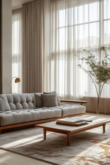 Mid century Modern interiors in residential living rooms with large windows and gray sofas and tables on rugs. Generative AI
