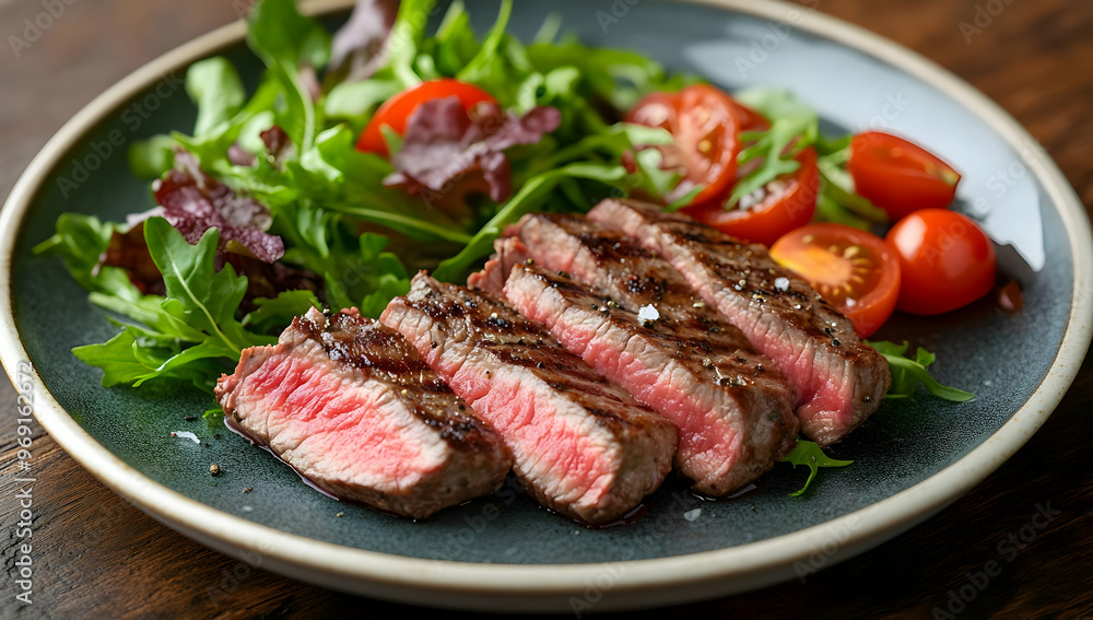 Wall mural Juicy steak slices served with fresh salad and cherry tomatoes on a rustic plate, perfect for gourmet dining or food photography.