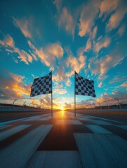 Obraz premium Two checkered flags standing proudly at the finish line, bathed in golden glow of setting sun, symbolizing culmination of thrilling race