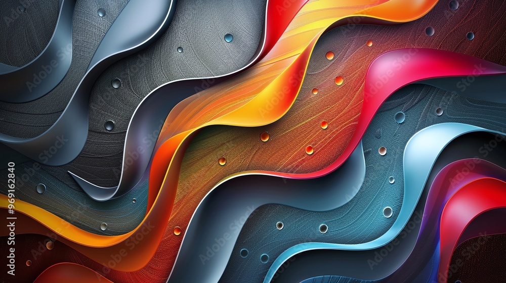 Poster innovative design of an abstract colorful metallic wavy background featuring dynamic shapes and bold