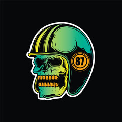 Zombie skull wearing a motorcycle helmet. Original vector illustration in vintage style isolated on black background. T-shirt design.