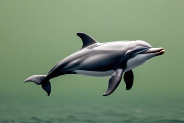 Obraz premium Joyful Dolphin Celebrating Vibrant Marine Life on Peaceful Green Background