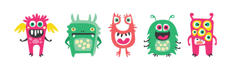 Funny Smiling Toothy Monster Character with Smiling Face Vector Set