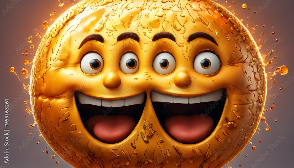 Poster an orange emoji with two faces and multiple eyes splashes vibrantly against an abstract background. 