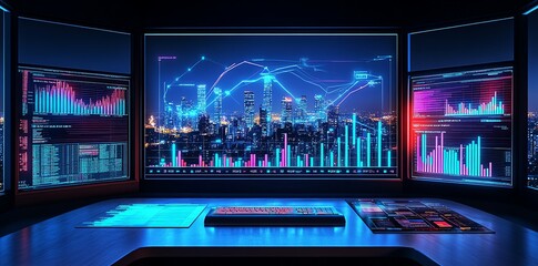 A futuristic desk with multiple monitors displaying graphs and data charts with a keyboard and mouse on the desk.