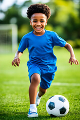 Obraz premium Smiling young African boy in blue uniform playing soccer, enjoying a sunny day on the field.