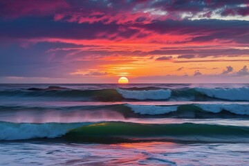 Fototapeta premium Vibrant Ocean Sunset Over Waves with Stunning Colorful Skies
