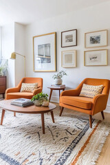Midcentury Modern interiors in the living room with white walls hanging with art frames and armchairs and wood tables on rugs. Generative AI
