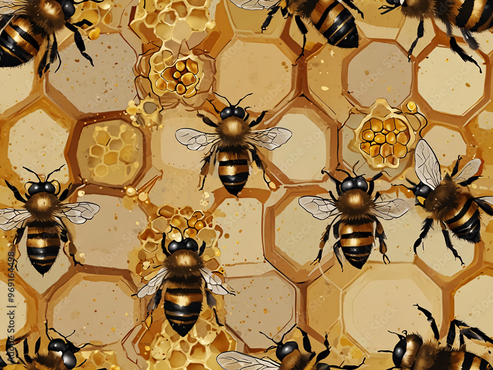 Poster poster featuring a repeating pattern of tiny, stylized bees and honeycombs