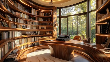 Embrace Inspiration: Curvilinear Wooden Desk Writing Nook with Vintage Typewriter and Classic Novels - Perfect Poster for Creative Spaces and Home Offices