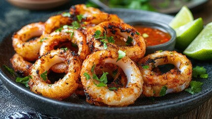 A mouthwatering shot of grilled squid rings, showcasing their smoky char and tender texture, arranged on a plate with a side of dipping sauce and lime wedges.