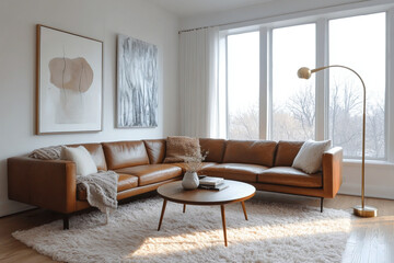 Mid century Modern interiors in the living room with white walls hanging with art frames and brown sofas and cushions on the rug. Generative AI
