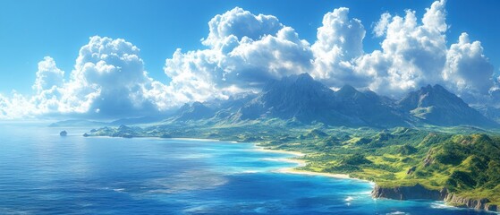 Lush Green Mountain Range Meeting the Azure Ocean