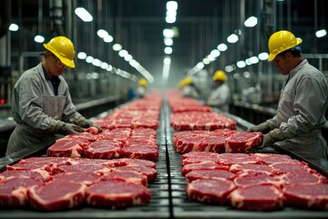 Workers in a Meatpacking Plant Inspecting Steaks on a Conveyor Belt