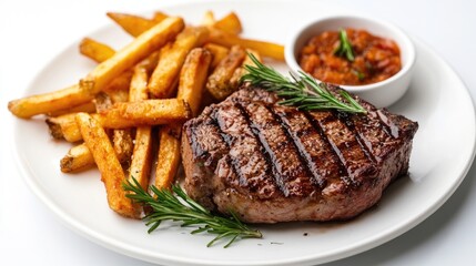 A perfectly seared steak with a side of crispy fries, elegantly arranged on a white plate with a smooth white background.