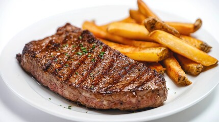 A perfectly seared steak with a side of crispy fries, elegantly arranged on a white plate with a smooth white background.