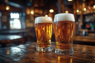 convivial pub scene two frosty beer glasses clink together on weathered wooden table warm ambient lighting creates inviting atmosphere in traditional tavern setting