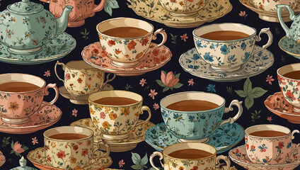 Fototapeta premium Poster with a cute, repeating pattern of tiny, stylized teacups