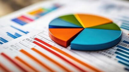 A pie chart and a financial graph side-by-side on a banking report, representing savings, investments, and loan distributions.