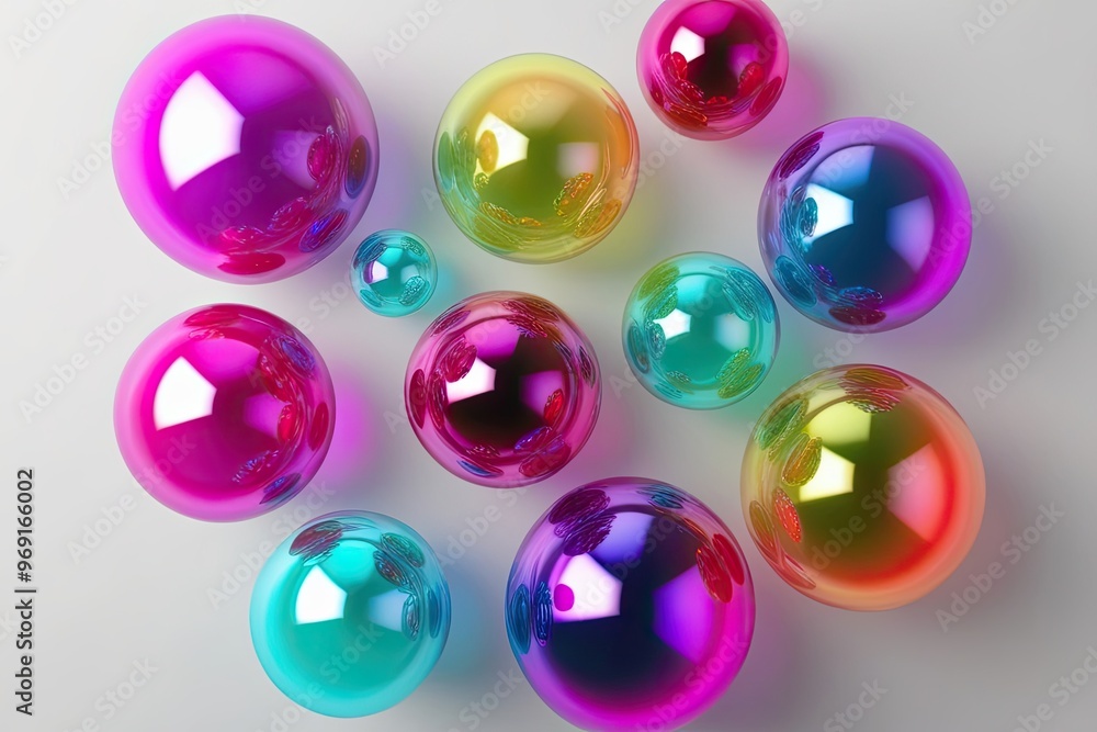 Poster vibrant neon bubble collection with three-dimensional gradient design on blank canvas