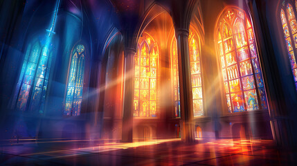 Naklejka premium Sunlight Through Stained Glass in Cathedral