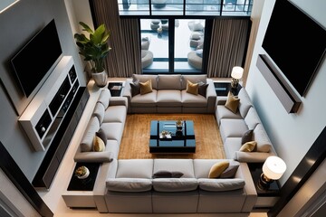 Fototapeta premium Luxury Living Room with Sectional Couch Coffee Table and Multimedia Unit in Modern Social Space
