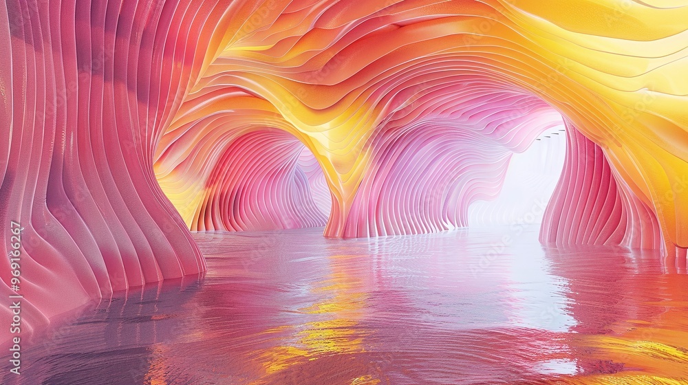 Poster stunning 3d render of a cave with unique yellow and pink textures, featuring rippled surfaces that c