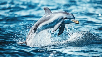A playful dolphin leaping out of the ocean, splashing water around, showcasing its agility and the joy of marine life