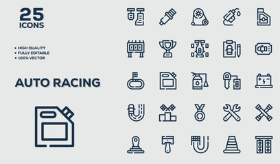 Set of auto racing icons. Linear style icon bundle. Vector Illustration