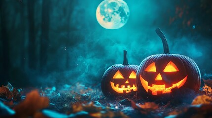 Naklejka premium Glowing jack o’ lanterns illuminated by moonlight in a spooky halloween night scene with eerie atmosphere and shadows