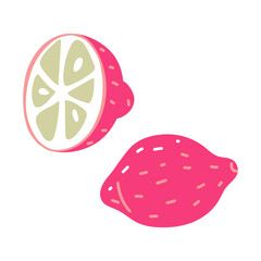 A flat illustration of a pink lemon whole and cut in half. A whole lemon is depicted in an oval shape with yellow lines. A cut lemon is depicted as one half with visible seeds and yellow flesh.