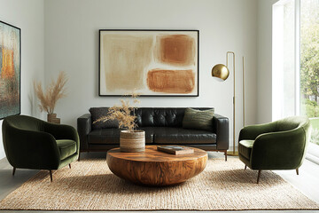 Midcentury Modern interiors in residential living rooms with white walls hanging with art frames and dark green sofas and armchair tables. Generative AI
