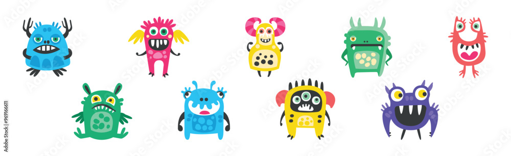 Poster funny smiling toothy monster character with smiling face vector set