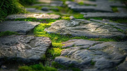 Fototapeta premium Stone path with green moss tranquil natural garden scenery, featuring mosscovered stones and sunlight