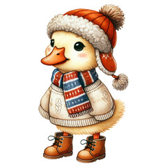 Cute duck in winter hat and scarf illustration