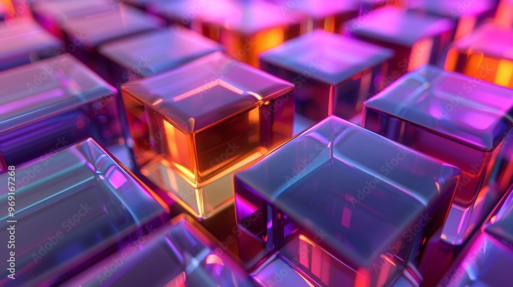 Poster captivating 3d render of a modern tech background showcasing glossy cubes in a precise arrangement o
