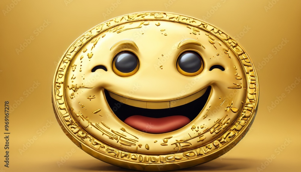 Poster a golden coin featuring a happy face is set against a yellow background. its intricate details and c